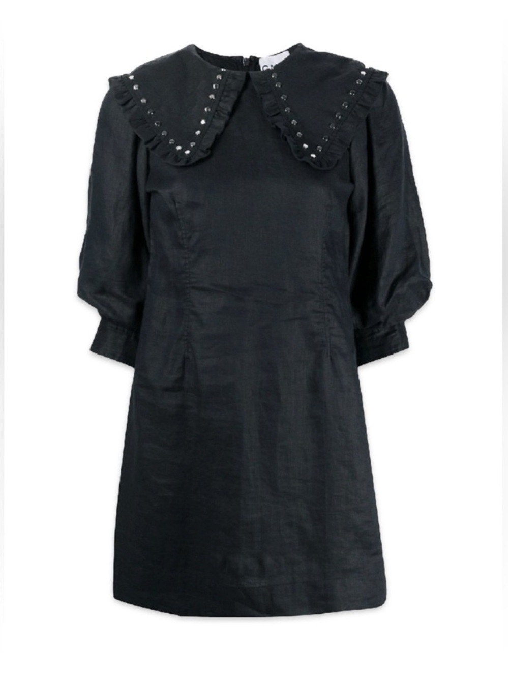 GANNI dramatic Ruffle trimmed studded black linen mini dress bodycon puff sz 42